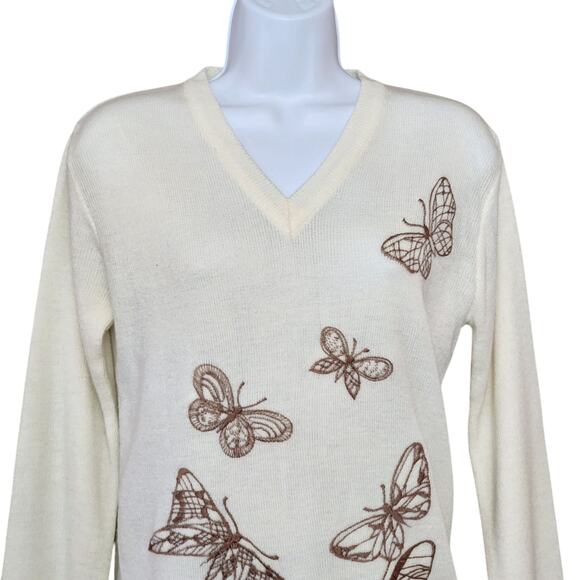 Cyn Les Womens Pullover Sweater Size S-M Ivory Embroidered Butterflies V-Neck - Picture 2 of 9
